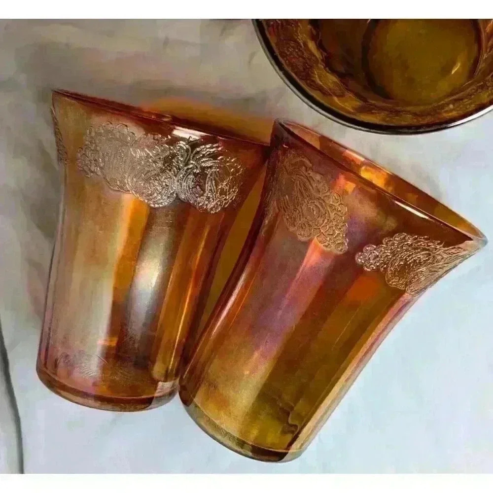 Set Of 4 Iridescent Carnival Drinking Glasses Fruit Motif 4" x3-1/4" Amber Color - Picture 12 of 14